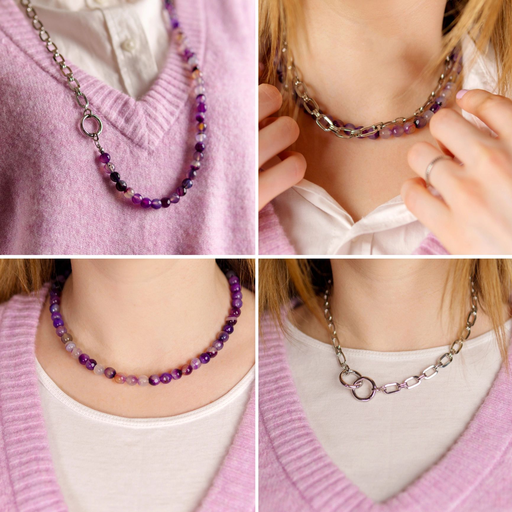 Jewelry set with gemstones, natural stones. Jewelry accessories collage. Necklaces. Square image