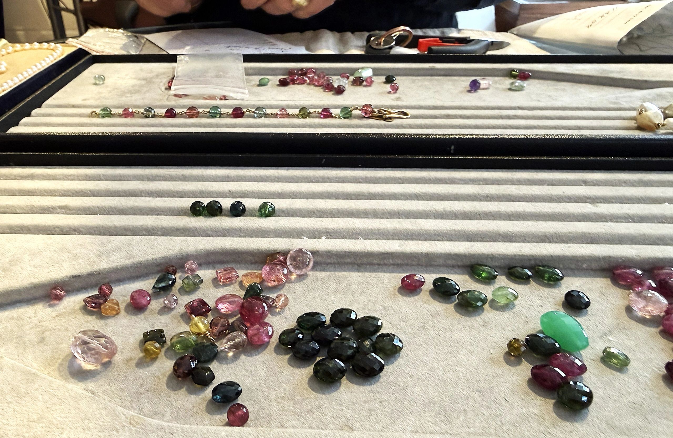 Colorful gemstone display in a jewelry shop