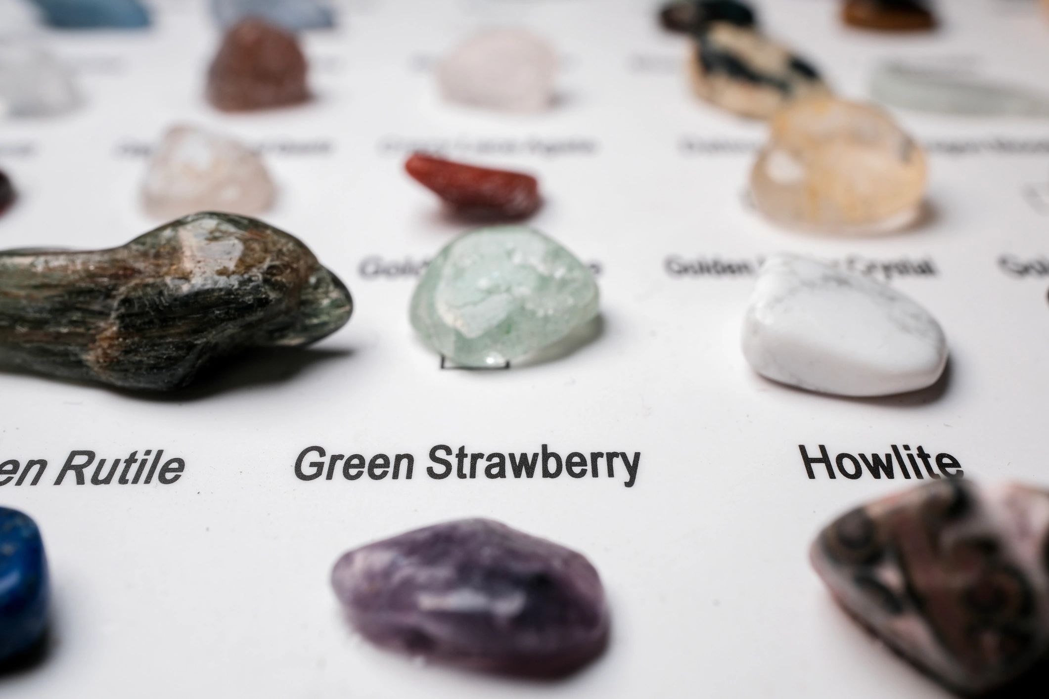 Labeled polished gemstones on display